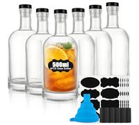 WOPPLXY 6-Piece Glass Bottle Set - 500ml/16oz Whiskey Decanter with T-Top Cap, Stopper and Labels for Bar, Restaurant, Bistro