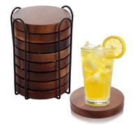 WOPPLXY 8PCS Acacia Wooden Coasters with Holder, 10CM x 1.5CM Thick Round Wood Coasters, Blank Coaster Set for Drinking, Coffee, Home, Decor