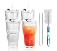 WOPPLXY Set of 4 Glasses with Lid and Straw, 600 ml Glass Cups with Lid and Straw, Iced Coffee Glasses for Juice, Smoothie, Coffee, Tea
