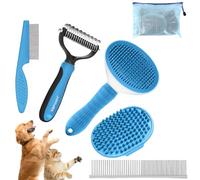 WOPQAEM 5 in 1 Dog Grooming Kit - Self-Cleaning Slicker Brush for Shedding Short Long Haired Dogs & Cats, Includes Pet Comb, Flea Comb, Bath Brush, Undercoat Rake - Complete Fur Care Set - Blue