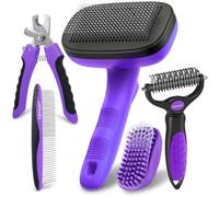 WOPQAEM Dog Grooming Kit Cat & Dog Brush, 5 PCS Self-Cleaning Slicker Hair Brush, Nail Clipper, Undercoat Rake, Pet Bath Brush with Removable Screen,Pet Comb for Short & Long Haired Dogs Cats, Purple