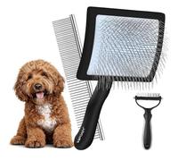 WOPQAEM Slicker Brush for Dogs, Large Long Pin Slicker Brush for Doodles Poodles Goldendoodle Labradoodle Cockapoo Cavapoo, 2 PCS Pet Comb and Grooming Brush, Wood Handle - Black