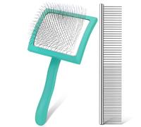 WOPQAEM Slicker Brush for Dogs, Long Pin Dog Grooming Brush for Goldendoodles, Poodles, Doodles & More, Includes Bonus Pet Comb, Perfect for De-Shedding, Dematting & Reducing Tangles. Large, Green