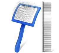 WOPQAEM Slicker Brush for Dogs, Long Pin Dog Grooming Brush for Goldendoodles, Poodles, Doodles & More, Includes Bonus Pet Comb, Perfect for De-Shedding, Dematting & Reducing Tangles. Large, Blue