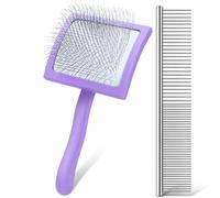 WOPQAEM Slicker Brush for Dogs, Long Pin Dog Grooming Brush for Goldendoodles, Poodles, Doodles & More, Includes Bonus Pet Comb, Perfect for De-Shedding, Dematting & Reducing Tangles. Large, Purple