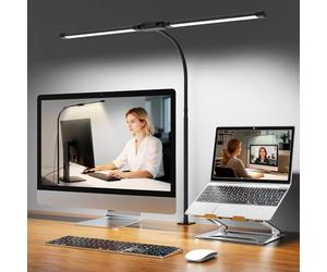 Woputne Desk Lamp with Clamp, Super Wide & Bright, 5 Color Modes x 10 Brightness Levels, 960LM, 12W Computer Monitor Table Light, Flexible Dual Head Monitor Light for Office, Study, Crafts & Drawing