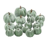 Woration 16pcs Fabric Artificial Pumpkins Set Lake Green Velvet Decoration Pumpkins Lifelike Harvest Pumpkins for Halloween Fall Festival Thanksgiving Decoration