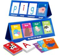 Word Building Desktop Pocket Chart, 48 CVC Words & 50 First Words, Double-sided Tent Word Builder, Vocabulary Learning Flashcards Set for Kindergarten Reading and Spelling