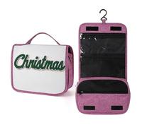 Word Christmas in Dark Forest Green Cursive Travel Toiletry Bag for Women,Hanging Makeup Organizer with Hook for Shampoo