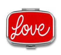 Word Love on Red Simple Line Pill Box 2 Compartment Portable Medicine Pill Case Travel Pill Organizer for Pocket Purse