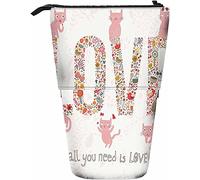 Word Love Telescopic Pencil Stationery Case Pens Storage Box with Zipper Closure for Women Men Boys Girls All You Need is Love Cute Pink Cats Kitten Birds Flowers Hearts