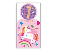 Word n wishes 1st Birthday Card for a Girl, Fun Unicorn Jumping Over A Rainbow, 13.9 x 22.9 cm, Multi-coloured