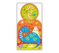 Word n wishes 2nd Birthday Card for a Boy, Fun Dinosaur Character and Volcano, 13.9 x 22.9 cm, Multi-coloured