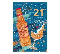 Word n wishes Birthday Card, Age 21 - Son Foiled and Patterned Beer Bottle and Glass, 23.5 x 16.5 cms, Multi-Coloured