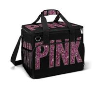 Word PINK Sparkling Glittering Gems Camping Cooler Bag Insulated Beach Coolers Portable Leak Proof Bags with Shoulder Strap