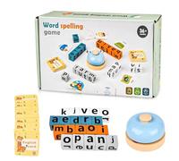 Word Spelling Game, Alphabet Puzzle Set, Wooden Turn A Word Game With Bell, Educational Word Games With 64 Flash Cards & 20 Wooden Alphabet Blocks, Match and Spell Game for Toddlers Kids