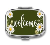 Word Welcome Small Daisy on Olive Green Pill Box 2 Compartment Portable Medicine Pill Case Travel Pill Organizer for Pocket Purse