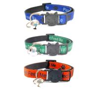 Worded Cat Collars - Please Do Not Feed Me/I Am Microchipped | Safe Quick Release Breakaway Buckle | Zacal Cat Collars (Pack of 3) (Blue, Green & Orange/Black, Please Do Not Feed Me (Pack of 3))