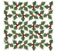 wordmouk 30pcs Christmas Artificial Holly Berry with Green Leaves, Artificial Fruit Red and Gold Berry Pine Cone for Xmas Tree Arrangement Craft Wedding Party Festive Home Gift Decorations
