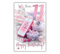 Words and Wishes 11th Birthday Greeting Card - Photographic Mobile Phone Design - Pink Foil Finish