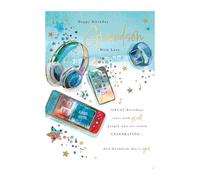 Words and Wishes Grandson Birthday Card - Mobile Phone, Headphones and Game with Embossed Foil and Flitter Finish