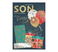 Words and Wishes Special Son Birthday Card - Wrapped Gifts and Balloons with Embossed Foil Finish