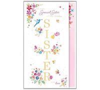 Words and Wishes Tall Birthday Greeting Card - Special Sister - Gorgeous Floral Design - Gold Foil Finish