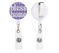 Words Bless Home on Purple White Checkered Retractable Badge Holder Reel Clip ID Card Holder for Doctor Nurse Student Office Worker