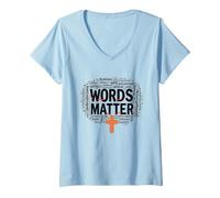 Words Matter Anti Bullying Empathy Love Respect Kindness V-Neck T-Shirt, Women, Baby Blue, XXL