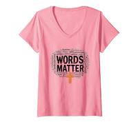 Words Matter Anti Bullying Empathy Love Respect Kindness V-Neck T-Shirt, Women, Pink, M