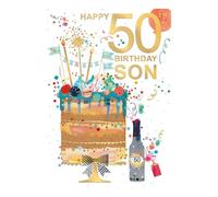 WORDS 'N' WISHES Age 50 - Son Birthday Cake On Stand with Candles and Beer Bottle, 23.5 x 16.5 cms, Multi-Coloured