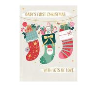 WORDS 'N' WISHES Baby's 1st Christmas 3 Hanging Stocking With Christmas Treats Christmas Card, Multi Coloured, 19.7 x 14.9 cms