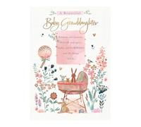 Words n Wishes Beautiful Baby Granddaughter New Baby Card - Moses Basket Woodland Animals Flowers Balloons