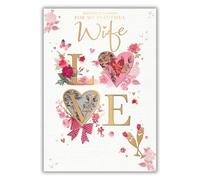 Words n Wishes Beautiful Wife 'Happy Birthday' Card - 'Love' - Lovely Design with Flowers and Champagne - Foil and Embossed Finish - for Her