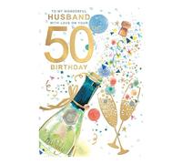 WORDS 'N' WISHES Birthday Card, Age 50 - Husband Champagne Bottle Popping, 23.5 x 16.5 cms, Multi-Coloured