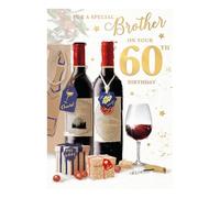 Words 'n' Wishes Birthday Card, Age 60 - Brother Two Red Wine Bottles, Glass and Presents, 23.5 x 16.5 cms, Multi-Coloured