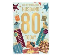 WORDS 'N' WISHES Birthday Card, Age 80 - Husband Large Foiled Caption and Presents, 23.5 x 16.5 cms, Multi-Coloured