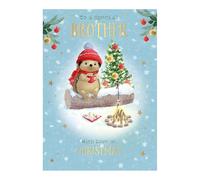 Words and Wishes Brother Christmas Card - Special Brother - Hedgehog, Tree and Campfire Design - Special Finish - Made in the UK - Eco-Friendly