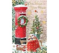 Words 'n' Wishes Christmas Card, Our House to Your House, Robin on Postbox Design with Gold Foil Finish