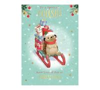 WORDS 'N' WISHES Cousin Christmas Card | Xmas Hedgehog & Sledge Design | 22 x 15.8cm | High Quality Print with Writing Space| Made in the UK | Holiday Essentials for Loved Ones, Family & Friends