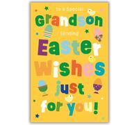 Words 'n' Wishes Easter Card Grandson, Coloured and Foiled Letters with Easter Icons, 21.7 x 14.4 cm, Multicoloured