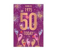 Words 'n' Wishes Female 50th Birthday Card - Happy Birthday Card Age 50 with Born in 1975 Fireworks and Champagne Design with Embossed Foil Details - Birthday Card for Women
