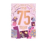 Words 'n' Wishes Female 75th Birthday Card - Happy Birthday Card Age 75 with Born in 1950 Confetti and Gifts Design with Embossed Foil Details - Birthday Card for Women
