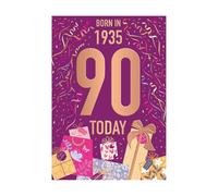 Words 'n' Wishes Female 90th Birthday Card - Happy Birthday Card Age 90 with Born in 1935 Confetti and Gifts Design with Embossed Foil Details - Birthday Card for Women