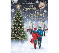 Words 'n' Wishes Grandson and Girlfriend Christmas Card, Gold Foil Finish, Winter Scene Design