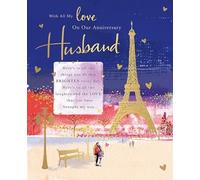 Words 'n' Wishes 'Husband' Large Anniversary Card - Eiffel Tower at Night City Scene Embossed with Foil & Flitter - Eco-Friendly - Made in Great Britain