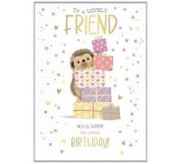 Words 'n' Wishes Lovely Friend Birthday Card - Happy Birthday Card with a Hedgehog and Presents Design with Foil Details - Birthday Card for Women/Girls