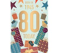 Words 'n' Wishes Male 80th Birthday Card - Happy Birthday Card Age 80 with Born in 1945 Confetti and Gifts Design with Embossed Foil Details - Birthday Card for Men