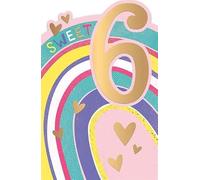 Words 'n' Wishes Milestone Age 6 Female Birthday Card for Girls - 'Sweet' Rainbow Stripes and Hearts with Gold Foil and Die Cut Edge - Made in England