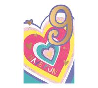Words 'n' Wishes Milestone Age 9 Female Birthday Card for Girls - Cute Stripey Heart and Stars with Gold Foil and Die Cut Edge - Made in England
